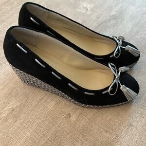 Ralph Lauren Cambree Suede Metallic Espadrilles Wedges Black Size 6.5
